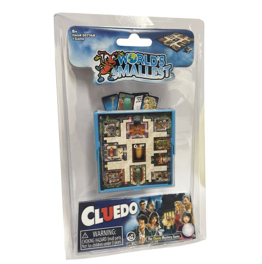 World's Smallest Cluedo board game in its original retail blister packaging, featuring a miniature blue board and cards. World's Smallest Cluedo miniature mystery board game with gameboard cards tokens and weapons