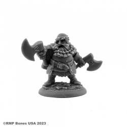 07109 Hagar Dwarf Fighter sculpted by Werner Klocke from the Reaper Miniatures Bones USA Dungeon Dwellers range. A Dwarf RPG miniature which comes with optional axe or shield for the left hand giving you the choice making a great player character or NPC for your tabletop games.