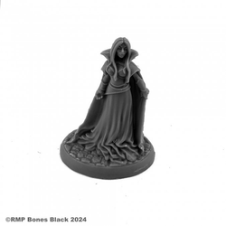 20328 Adraestia Winterthorn sculpted by Bobby Jackson from the Reaper Miniatures Bones Black range. A limited edition RPG miniature representing a female vampire wearing a long dress and cape for your tabletop games