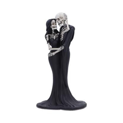 Eternal Embrace figurine by Nemesis Now - Two skeletons holding each other, the male wearing a long cape and the female in a black dress with her hand on the others head