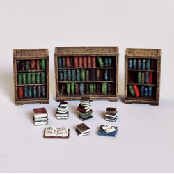 Bookshelves by Iron Gate Surrounds printed in resin to a 28mm scale. With one large bookshelf, two small bookshelves, five pile of books and two open books to help you dress your RPG library, dungeon settings, wizards study, tabletop games and more.