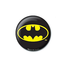 Batman symbol  button pin badge, a black badge with the classic yellow background Batman symbol. 
