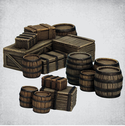 Cask &amp; Crate Stacks by Crooked Dice, resin classic casks and barrels for your tabletop games, dressing your RPG scene, filling your town setting and more. Three separate stacks for your scatter needs.