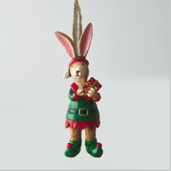 Hanging Elf Rabbit With Present.  An adorable bunny ornament dressed in a green and red Elf costume holding a present with a string hanger