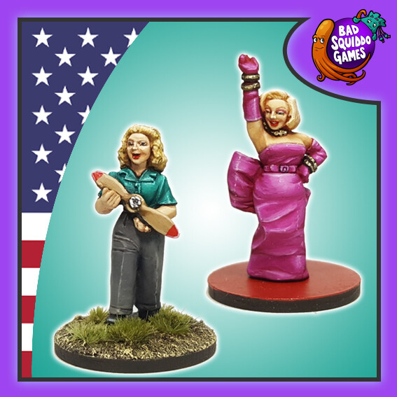 Bad Squiddo Games Norma & Marilyn. A pack of two metal miniatures representing Norma Jean who worked in a Radioplane factory in 1944 before raising to be the superstar of Marilyn Monroe from 1953 for your tabletop games and RPGs