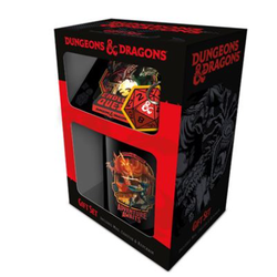 Dungeons and Dragons Mug, Coaster and Keychain Set. A great gift for a D&D fan which includes a mug, a coaster and a keyring featuring a fighter taking on a red dragon and the words Adventure Awaits. 