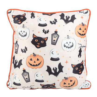 Spooky Cat & Pumpkin Print Cushion