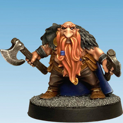 Dwarf Berserker 2 by Crooked Dice, one 28mm scale white metal miniature for your RPG or tabletop game representing a dwarf with a long beard, holding an axe in each hand and wearing a bear skin with the head on his shoulder.&nbsp;