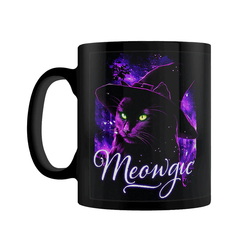 Meowgic Black Mug. A black mug with a beautiful purple black cat with bright eyes wearing a witches hat and the words Meowgic making a puuurfect gift for a cat lover or witch. 