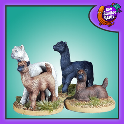 Bad Squiddo Games Alpaca Family. A set of four metal miniatures by Bad Squiddo Games for your RPGs, dioramas and other hobby needs. A set of four alpacas but two make a cuddling set. 