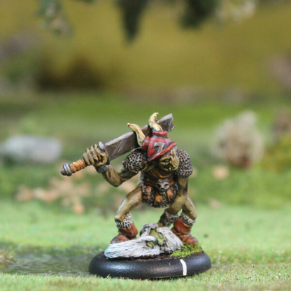 Stallu Redcap number 3 by Oakbound Studio. A multi part lead pewter miniature of a redcap warrior holding a large sword behind his head