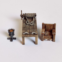 A set of torture devises in design B by Iron Gate Scenery in 28mm scale produced in PLA representing a torture rack (rope not included), brazier and torture chair for your town setting, dungeon decoration, RPGs and other tabletop games.
