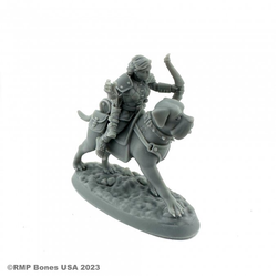 07115 Halfling Dog Rider sculpted by Glenn Harris from the Reaper Miniatures Bones USA Dungeon Dwellers range. A characterful miniature representing a female halfling holding a bow riding a mastiff style dog making a great edition to your RPG and tabletop games