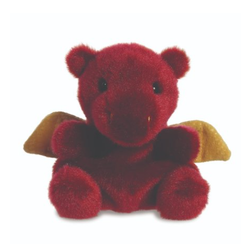 Aidan Red Dragon Palm Pal. A super cute deep red dragon which is designed to sit in the palm of your hand and be adorable, with its yellow scaly look wings and furry coat
