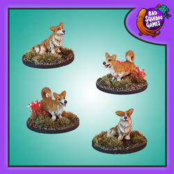 Bad Squiddo Games Corgis.  A pack of four metal miniatures representing Corgi dogs