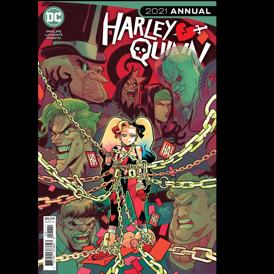 Harley Quinn 2021 Annual from DC comics written by Stephanie Phillips with art by David Lafuente. There’s a new villain in Gotham calling himself Keepsake, and you know how Gotham villains are: definite psychological issues. So Keepsake kidnapped Harley, while trying to convince her to be his partner and help take over the city.  