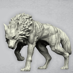 The Great Dog Dracula in Wolf Form by Crooked Dice, one 28mm scale white metal miniature for your RPG or tabletop game representing a snarling wolf with one front paw raised.