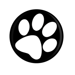 Paw Print Badge, a black badge with white paw print design. 