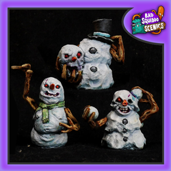 Bad Squiddo Games Zombie Snowmen.  A pack of three resin snowmen miniatures with an undead twist, one is using his own body to make snowballs to throw and another has removed his head