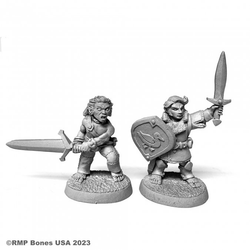 07102 Halfling Fighter & Barbarian sculpted by Derek Schubert from the Reaper Miniatures Bones USA Dungeon Dwellers range. A set of two Halfling RPG miniatures both holding swords and one holding a shield featuring a duck motif making a great guard for your gaming table.  
