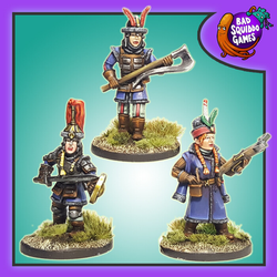 Bad Squiddo Games Town Guard. A set of three metal miniatures by Bad Squiddo Games representing a female guard with various weapons for your RPGs