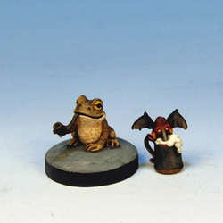 Frog and Stirge Relaxing by Crooked Dice.&nbsp; A pack of two metal miniatures representing a pipe smoking frog and a beer drinking Stirge making a characterful edition to your RPG and tabletop games.