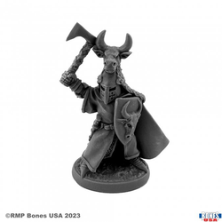 30151 Sir Guy The Red a heraldic knight from the Reaper bones USA legends range sculpted by Werner Klocke. A digitally remastered RPG miniature holding an axe up high in one hand and a bull decorated shield in the other in a fighting stance, Sir Guy also sports a bull helmet, plate male armour and robes making him great for your tabletop gaming and hobby needs.   