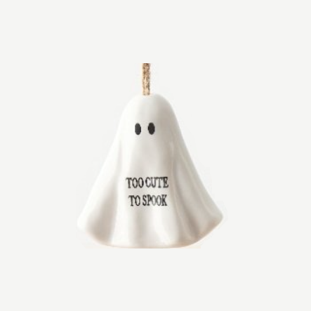 This adorable ghost is white with 'Too Cute To Spook' printed in black ready to scare up some fun
