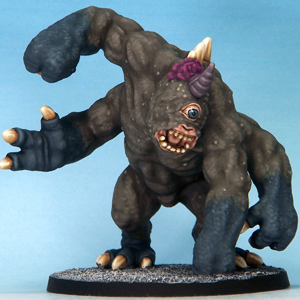 Arena Beast by Crooked Dice, one 28mm scale resin miniature for your RPG or tabletop game representing a large beast with four arms, two legs, one eye and a horn on its head for your alien RPG, horror tabletop game and more. Approximately 50mm tall