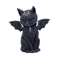 Malpuss polyresin figurine from Nemesis Now an adorable black cat with wings, little fangs and silver crescent moon and pentagram decoration. Hand painted and cast in resin this cute occult cat will be a wonderful edition to your home or as a gift for a friend.