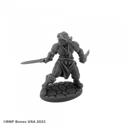 07116 Hyborian Hero sculpted by Tom Mason from the Reaper Miniatures Bones USA Dungeon Dwellers range. A barbarian character holding a blade in each hand with a tooth pendant around his neck making great edition to your RPG and tabletop games