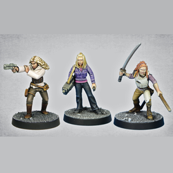 Heroes 11 by Crooked Dice. A set of three metal figures representing three females one with a sword and two with guns in various poses and wearing various clothes making a great edition to your RPGs and tabletop gaming needs.