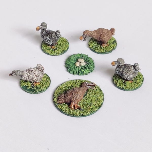 Dodos by Iron Gate Scenery printed in resin for 28mm scale. With five Dodo's in various poses including a dead Dodo - or maybe it is very deeply asleep- and a nest with eggs helping you to add detail to your RPGs, tabletop games, scenery and more.