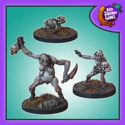 Ghoul Brood, a pack of three metal miniatures by Bad Squiddo Games sculpted by Paul Muller representing two naked creatures and a skeleton guinea pig. One creature is holding a skull up high and a knife in the other hand, another holds a skeleton baby protectively&nbsp; making a great miniatures for your tabletop gaming, diorama and RPG needs