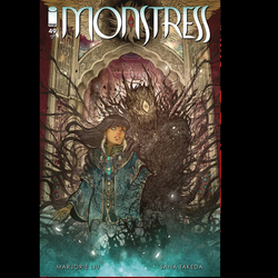 Monstress #49 by Image Comics written by Marjorie Liu with art by Sana Takeda. Maika and her allies have returned, weakened and altered, to a Known World turned upside down by war. From the relative safety of the Wave Empress’s domain, they’ll reunite with old friends and face the new challenges of a status quo they never expected.