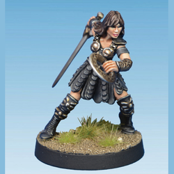 Divine Mortal by Crooked Dice, one 28mm scale white metal miniature for your RPG or tabletop game representing a female warrior wearing leather style armour and holding a&nbsp; sword in one hand and a donut style disc in the other sculpted in a dynamic pose.&nbsp;
