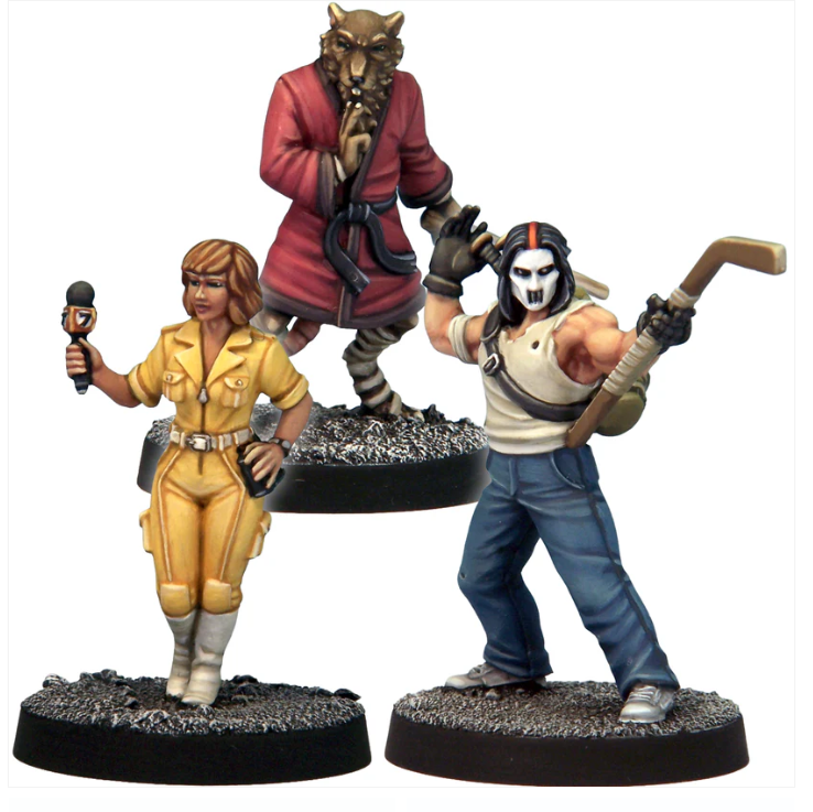 Three painted miniature figures on a white background. Crooked Dice Mutant Martial Artists Allies pack of 4 white metal miniatures with 25mm slotta bases unpainted