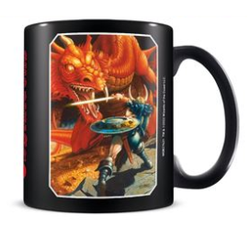 Dungeons and Dragons red dragon black mug. A black mug with a classic fighter taking on a red dragon D&D design making a great gift for yourself, a loved one or your DM.    