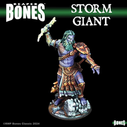 77763 Storm Giant sculpted by Chris Lewis from the Reaper Bones range of tabletop miniatures. This fantastic miniature represents a giant holding a lightning bolt in his hand making a great edition to your RPG, diorama or to add to your painting collection.