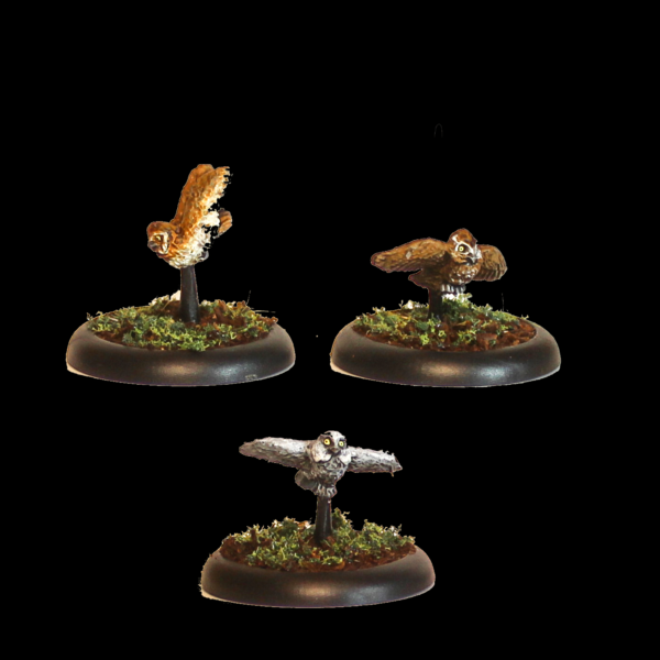 Owls by Oakbound Studio. A bag of 10 lead pewter miniatures being a random assortment of three owl sculpts