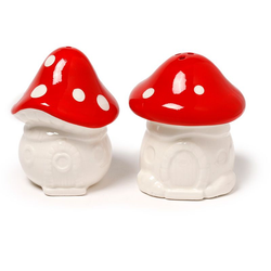 Fairy Toadstool House Ceramic Salt & Pepper Set. A super cute novelty cruet set in the shape of mushroom houses