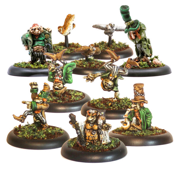 Leprechaun Celg by Oakbound Studio. A pack of ten lead pewter miniatures of leprechauns wolves in various poses