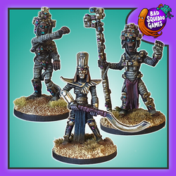 Bad Squiddo Games Elite Mummies. A set of three metal miniatures representing three female mummies in different poses including one with a bladed weapon and wearing jewels over their bandages, they are single piece figures for your RPGs and hobby needs.