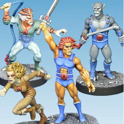 Beastmen Heroes by Crooked Dice a set of four white metal 28mm miniatures for your tabletop games, representing humanoid cat creatures with various weapons that you could use in many RPGs or 80s nostalgia games.    