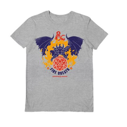 Dungeons and Dragons Fire Breath T- Shirt in extra large. A grey t shirt with Fire Breath colourful design on the front showing everyone that you play D&D or as a gift for your DM.   