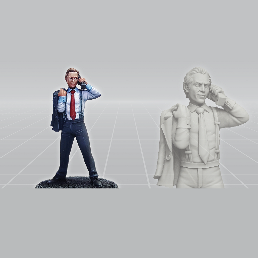 Yuppie by Crooked Dice a white metal miniature for your tabletop games representing a fast talking, power suit wearing, mobile wielding male making deals all day and hanging out in the wine bars at night networking ready for the next day.