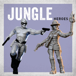 Jungle Heroes by Crooked Dice.&nbsp; A set of two metal figures representing a costume wearing crimefighter holding guns in each hand and a female explorer in tradition gear holding a flaming torch in one hand and a gun in the other for your gaming table, RPGs or pulp diorama needs.&nbsp; &nbsp;
