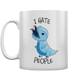 I Hate People Dinosaur Mug. Show everyone a 'taste' of how you are feeling today with this white mug featuring a blue dinosaur and some legs sticking out of its mouth with the words I Hate People