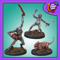Ghoul Brood, a pack of three metal miniatures by Bad Squiddo Games sculpted by Paul Muller representing two naked creatures and a fleshy pet. One creature is holding a bone and the other a knife making a great miniatures for your tabletop gaming, diorama and RPG needs