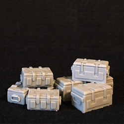 Ammo Boxes by Crooked Dice, a pack of eight resin miniatures representing ammunition boxes for your RPGs, wargaming settings and tabletop games.